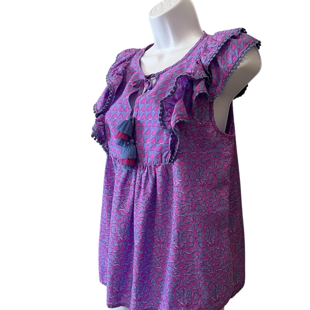 Vineyard Vine Anegada Block Print Ruffled Top, Notched Neck XS in Blue/pink - Picture 5 of 9